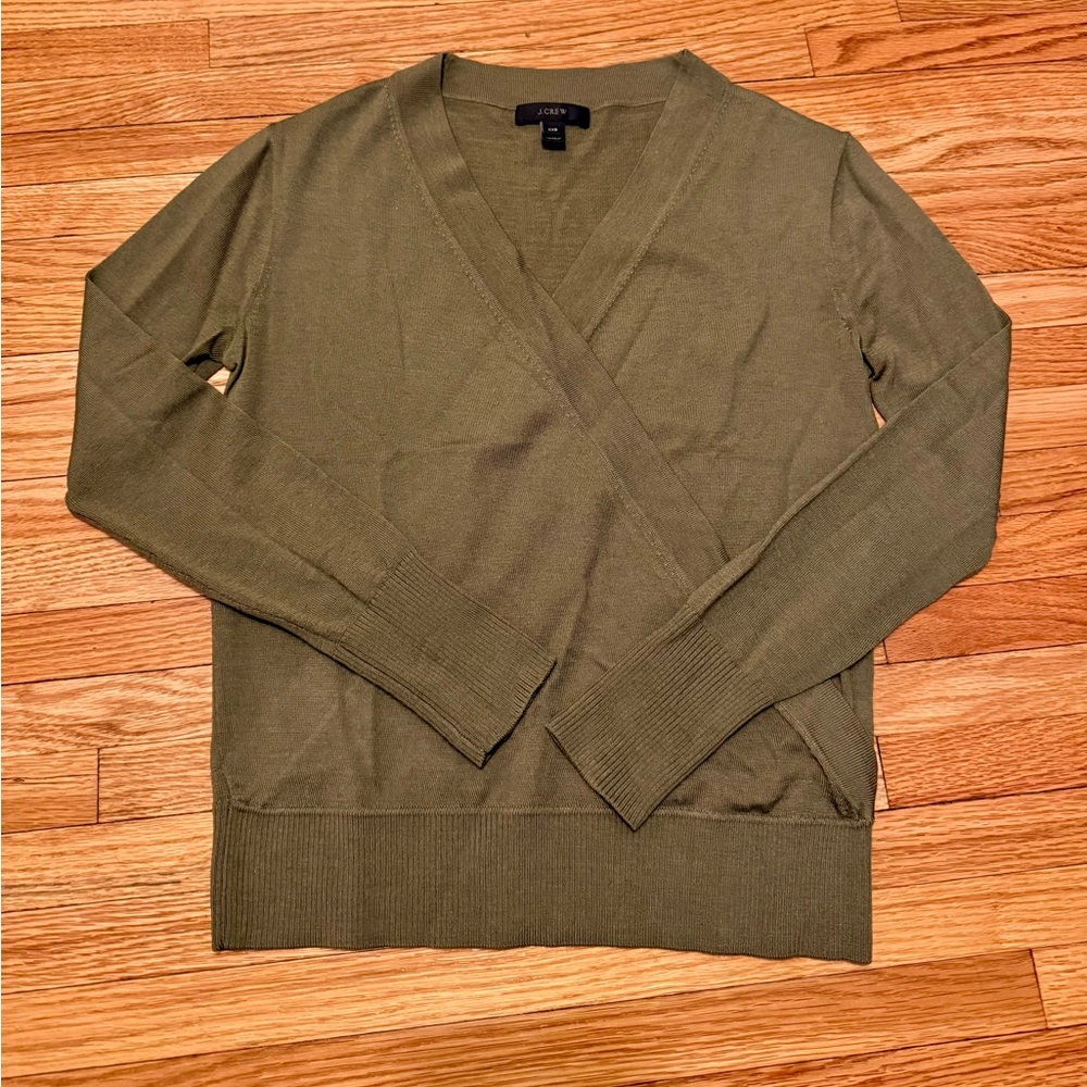 J. Crew Women’s Faux Wrap Olive Green Merino Wool Sweater